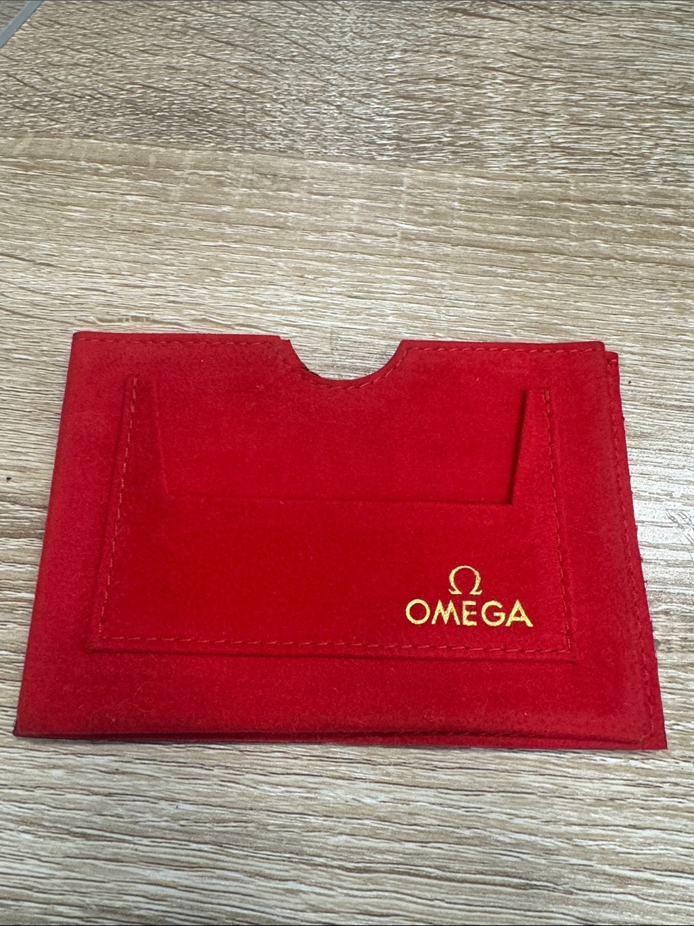 Omega Red Suede Card & Key Sleeve with Gold Logo